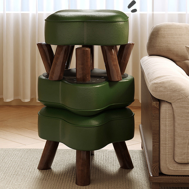 Traditional Vintage Solid Wood Faux Leather Sponge Low Stool Backless Armless For Entryway