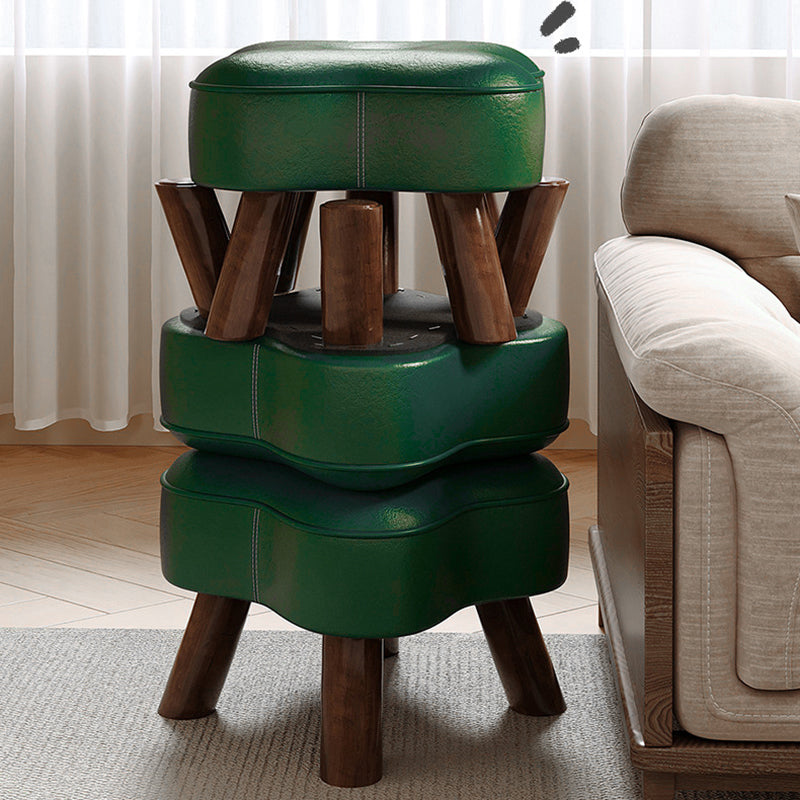 Traditional Vintage Solid Wood Faux Leather Sponge Low Stool Backless Armless For Entryway