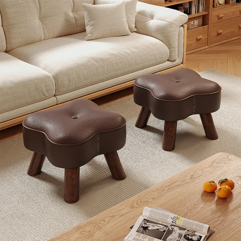 Traditional Vintage Solid Wood Faux Leather Sponge Low Stool Backless Armless For Entryway