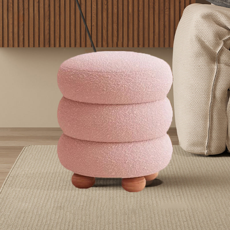 Nordic Contemporary Cylindrical Solid Wood Vanity Stool with Sherpa Fabric Cushion for Bedroom