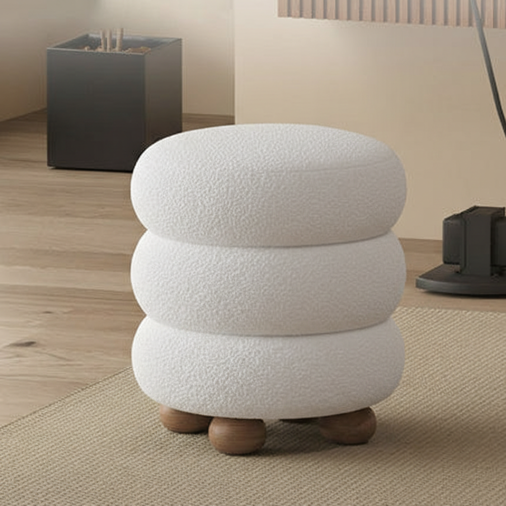 Taburete Nórdico Contemporáneo Cilíndrico de Madera Maciza para Dormitorio con Cojín de Tela Sherpa