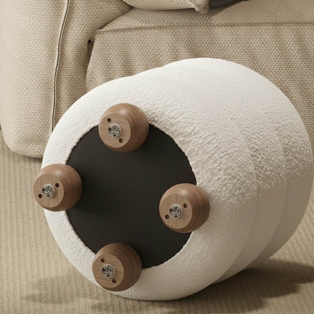 Taburete Nórdico Contemporáneo Cilíndrico de Madera Maciza para Dormitorio con Cojín de Tela Sherpa