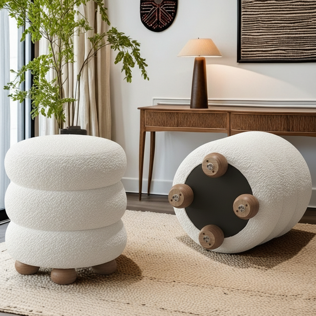 Taburete Nórdico Contemporáneo Cilíndrico de Madera Maciza para Dormitorio con Cojín de Tela Sherpa