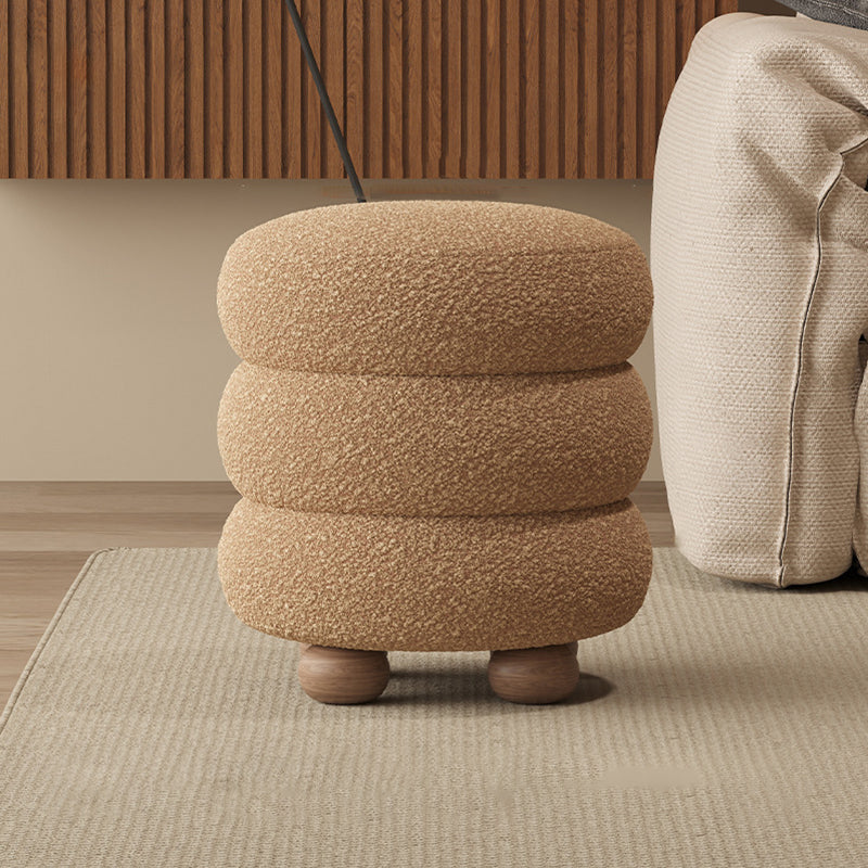 Nordic Contemporary Cylindrical Solid Wood Vanity Stool with Sherpa Fabric Cushion for Bedroom