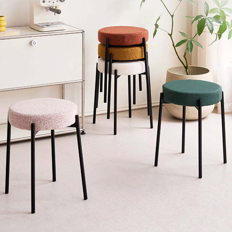 Contemporary Scandinavian Round Vanity Stool with Iron Frame, Cotton-Linen Upholstery, Armless Bedroom Accent