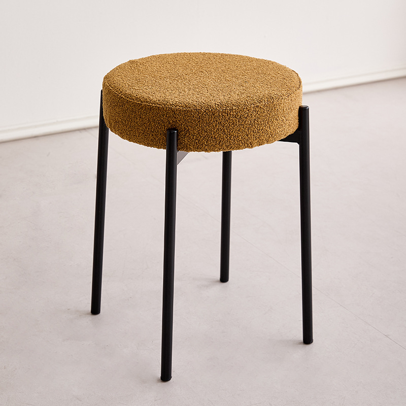Contemporary Scandinavian Round Vanity Stool with Iron Frame, Cotton-Linen Upholstery, Armless Bedroom Accent