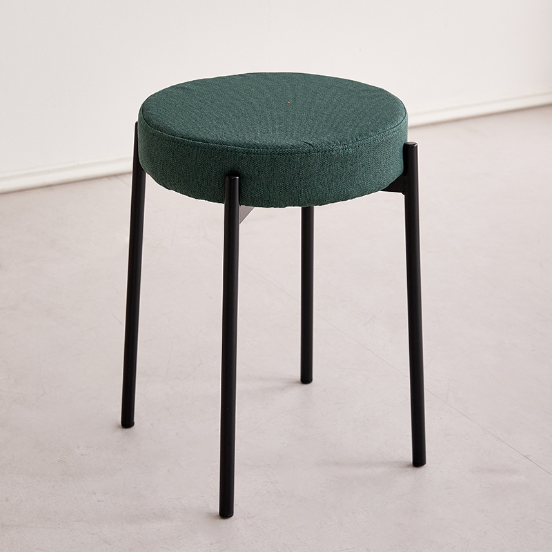 Contemporary Scandinavian Round Vanity Stool with Iron Frame, Cotton-Linen Upholstery, Armless Bedroom Accent