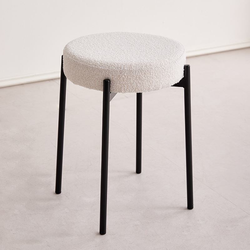 Contemporary Scandinavian Round Vanity Stool with Iron Frame, Cotton-Linen Upholstery, Armless Bedroom Accent