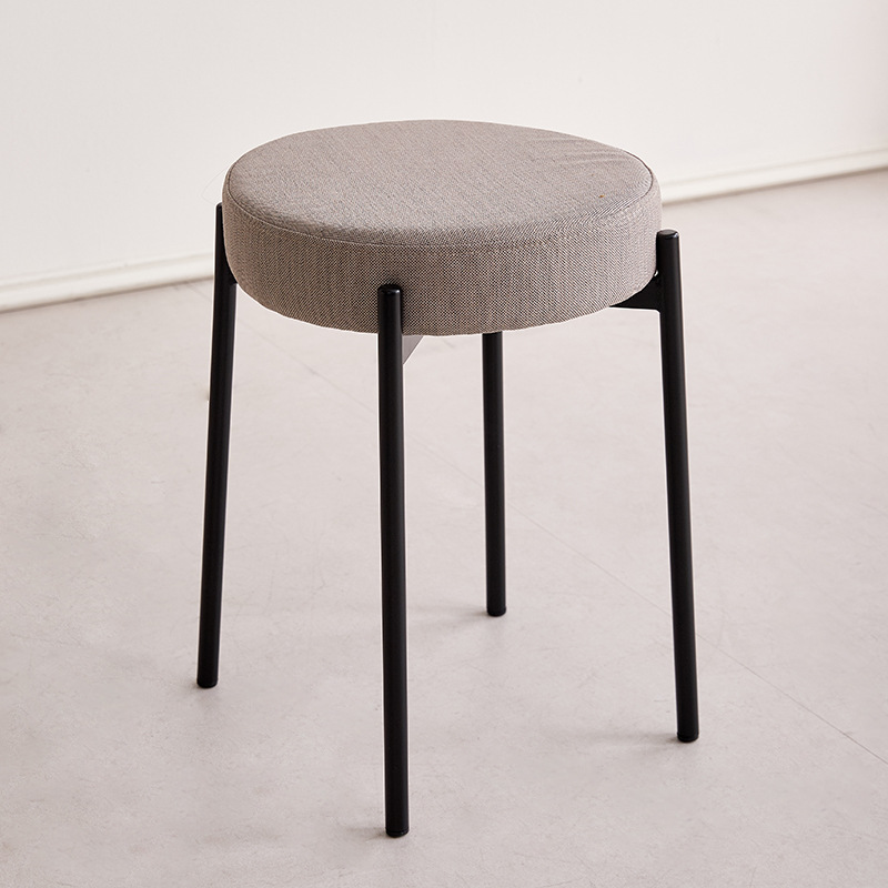 Contemporary Scandinavian Round Vanity Stool with Iron Frame, Cotton-Linen Upholstery, Armless Bedroom Accent