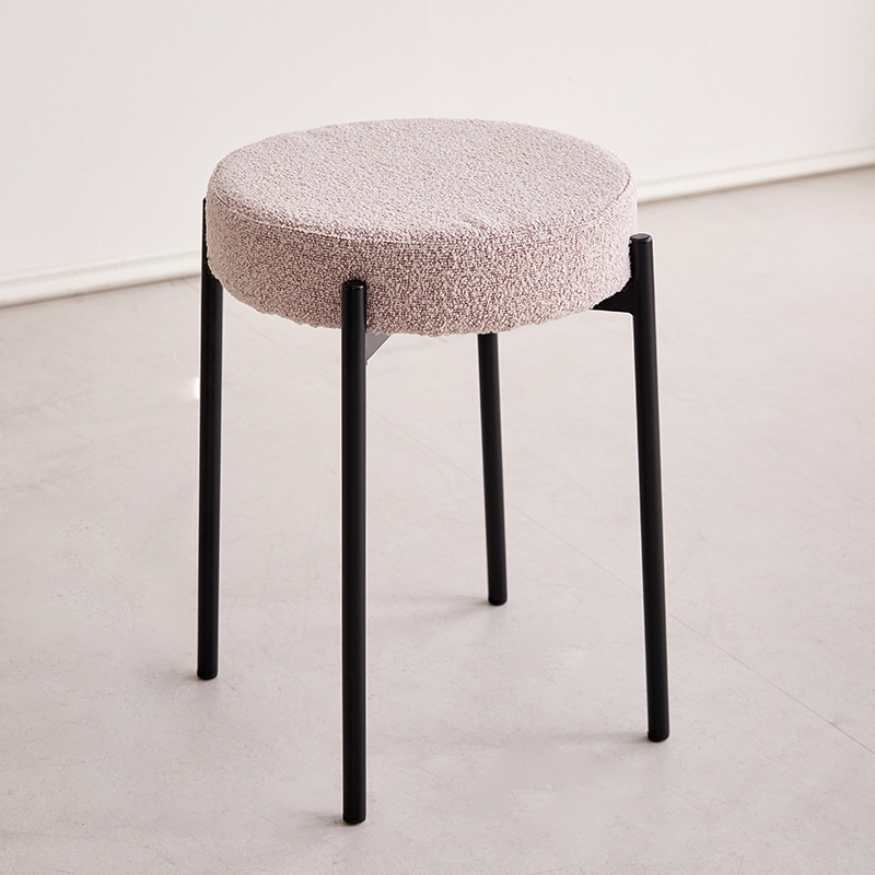 Contemporary Scandinavian Round Vanity Stool with Iron Frame, Cotton-Linen Upholstery, Armless Bedroom Accent