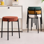 Contemporary Scandinavian Round Vanity Stool with Iron Frame, Cotton-Linen Upholstery, Armless Bedroom Accent