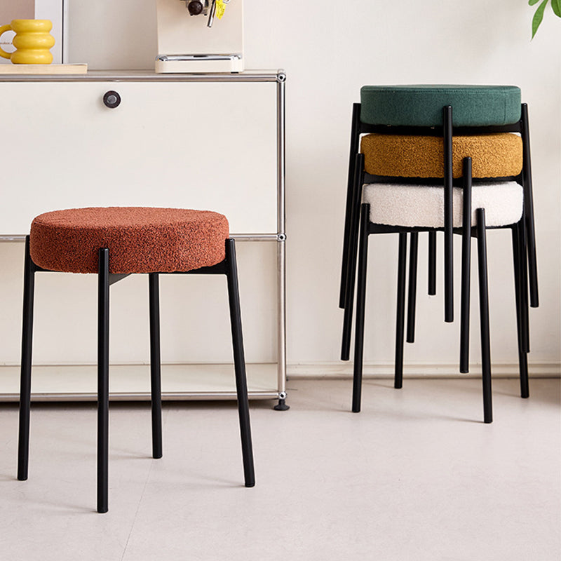Contemporary Scandinavian Round Vanity Stool with Iron Frame, Cotton-Linen Upholstery, Armless Bedroom Accent
