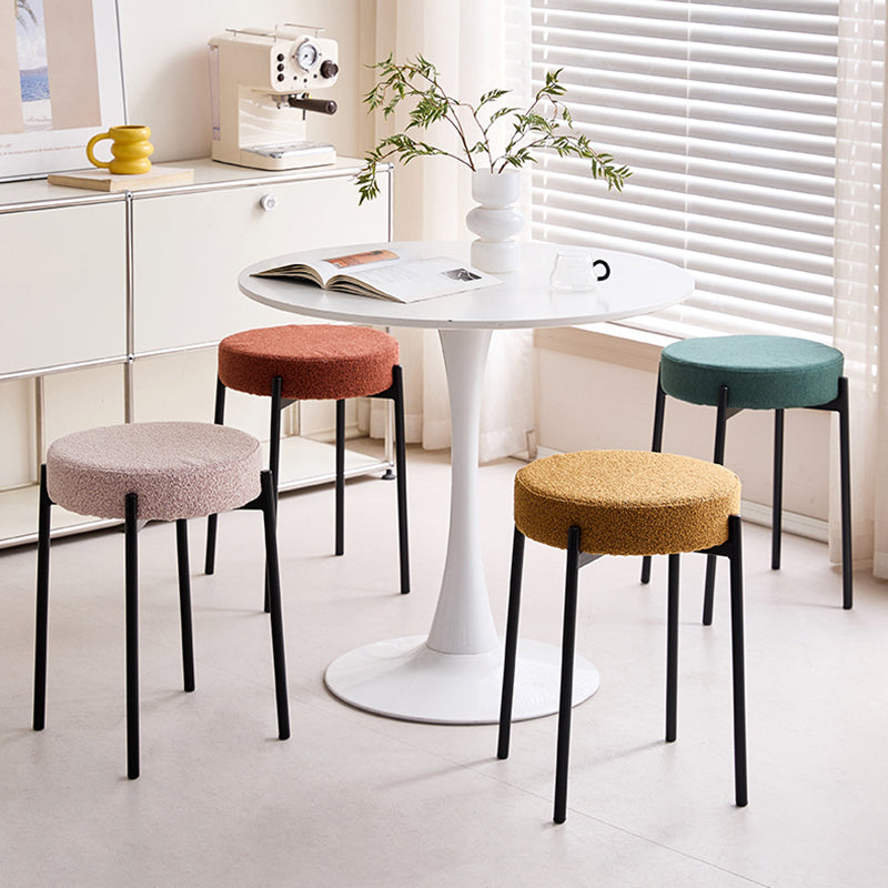 Contemporary Scandinavian Round Vanity Stool with Iron Frame, Cotton-Linen Upholstery, Armless Bedroom Accent
