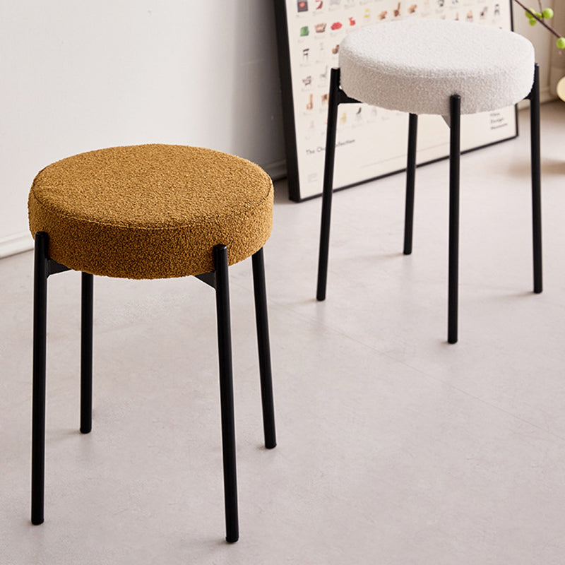 Contemporary Scandinavian Round Vanity Stool with Iron Frame, Cotton-Linen Upholstery, Armless Bedroom Accent