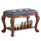 Traditional Vintage Rectangle Carved Pattern Shoe Bench with Microfiber Leather Upholstery, Solid Wood and MDF Construction, Low-Profile Living Room Stool