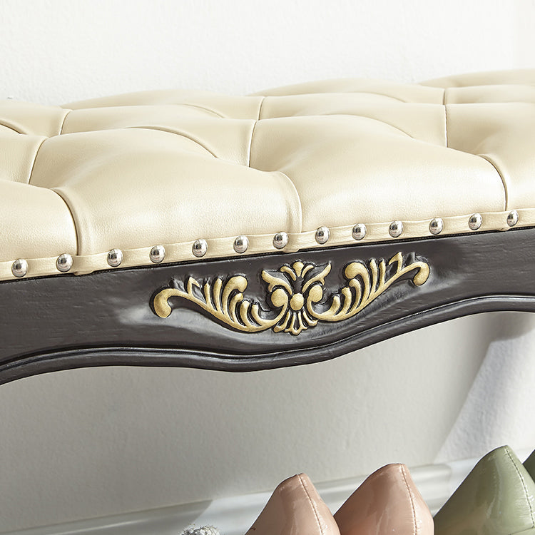 Traditional Vintage Rectangle Carved Pattern Shoe Bench with Microfiber Leather Upholstery, Solid Wood and MDF Construction, Low-Profile Living Room Stool