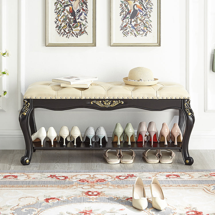 Traditional Vintage Rectangle Carved Pattern Shoe Bench with Microfiber Leather Upholstery, Solid Wood and MDF Construction, Low-Profile Living Room Stool