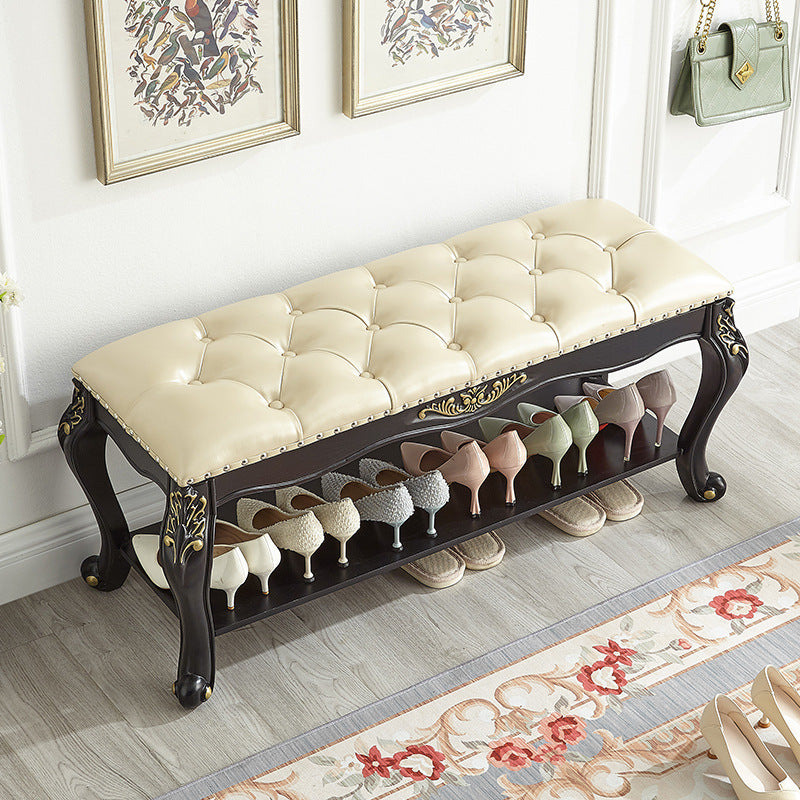 Traditional Vintage Rectangle Carved Pattern Shoe Bench with Microfiber Leather Upholstery, Solid Wood and MDF Construction, Low-Profile Living Room Stool