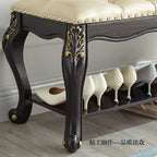 Traditional Vintage Rectangle Carved Pattern Shoe Bench with Microfiber Leather Upholstery, Solid Wood and MDF Construction, Low-Profile Living Room Stool
