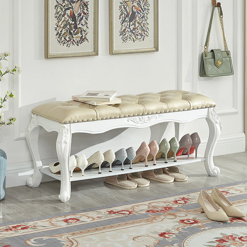 Traditional Vintage Rectangle Carved Pattern Shoe Bench with Microfiber Leather Upholstery, Solid Wood and MDF Construction, Low-Profile Living Room Stool