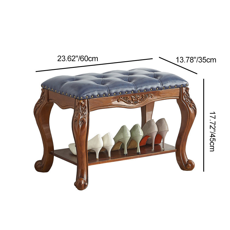 Traditional Vintage Rectangle Carved Pattern Shoe Bench with Microfiber Leather Upholstery, Solid Wood and MDF Construction, Low-Profile Living Room Stool
