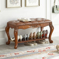 Traditional Vintage Rectangle Carved Pattern Shoe Bench with Microfiber Leather Upholstery, Solid Wood and MDF Construction, Low-Profile Living Room Stool