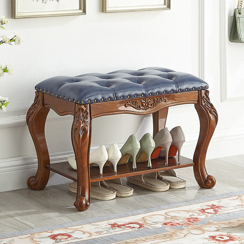 Traditional Vintage Rectangle Carved Pattern Shoe Bench with Microfiber Leather Upholstery, Solid Wood and MDF Construction, Low-Profile Living Room Stool