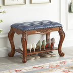 Traditional Vintage Rectangle Carved Pattern Shoe Bench with Microfiber Leather Upholstery, Solid Wood and MDF Construction, Low-Profile Living Room Stool