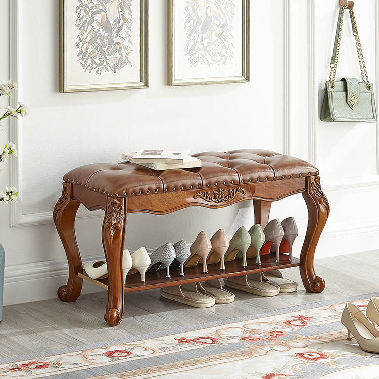 Traditional Vintage Rectangle Carved Pattern Shoe Bench with Microfiber Leather Upholstery, Solid Wood and MDF Construction, Low-Profile Living Room Stool