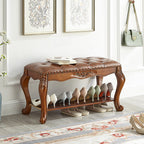 Traditional Vintage Rectangle Carved Pattern Shoe Bench with Microfiber Leather Upholstery, Solid Wood and MDF Construction, Low-Profile Living Room Stool