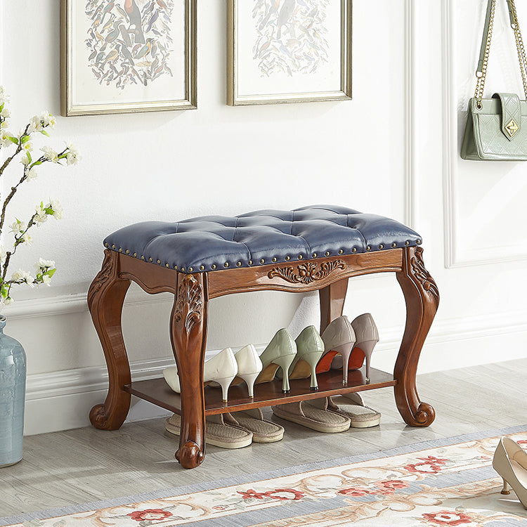Traditional Vintage Rectangle Carved Pattern Shoe Bench with Microfiber Leather Upholstery, Solid Wood and MDF Construction, Low-Profile Living Room Stool