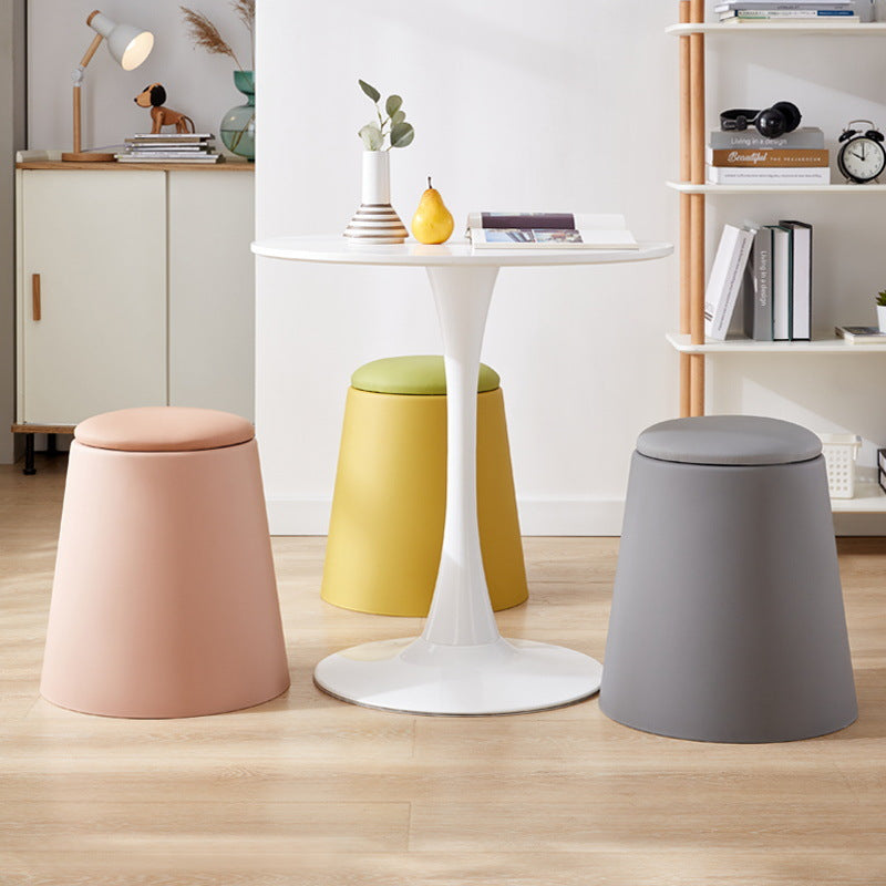Contemporary Scandinavian Round Cylinder Stackable Faux Leather Stool — Low-Profile, Space-Saving Living Room Stool