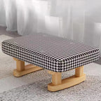 Taburete bajo rectangular escandinavo contemporáneo de madera contrachapada, algodón, lino y esponja para recibidor
