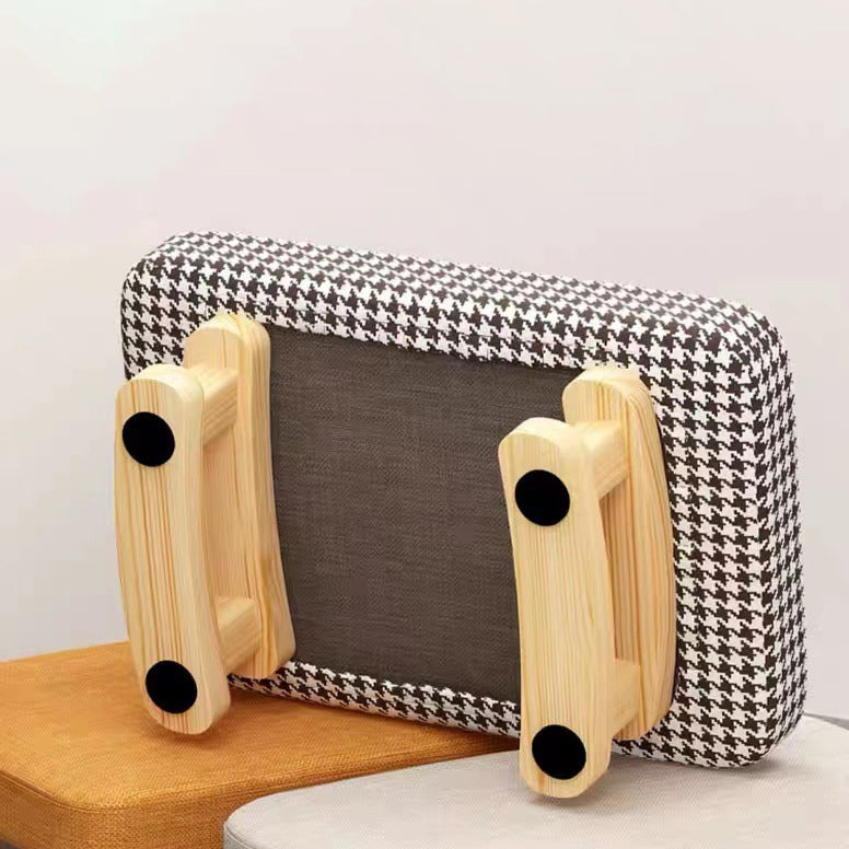 Taburete bajo rectangular escandinavo contemporáneo de madera contrachapada, algodón, lino y esponja para recibidor