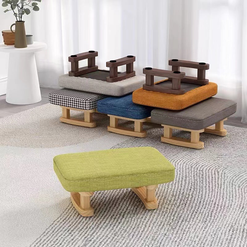 Taburete bajo rectangular escandinavo contemporáneo de madera contrachapada, algodón, lino y esponja para recibidor