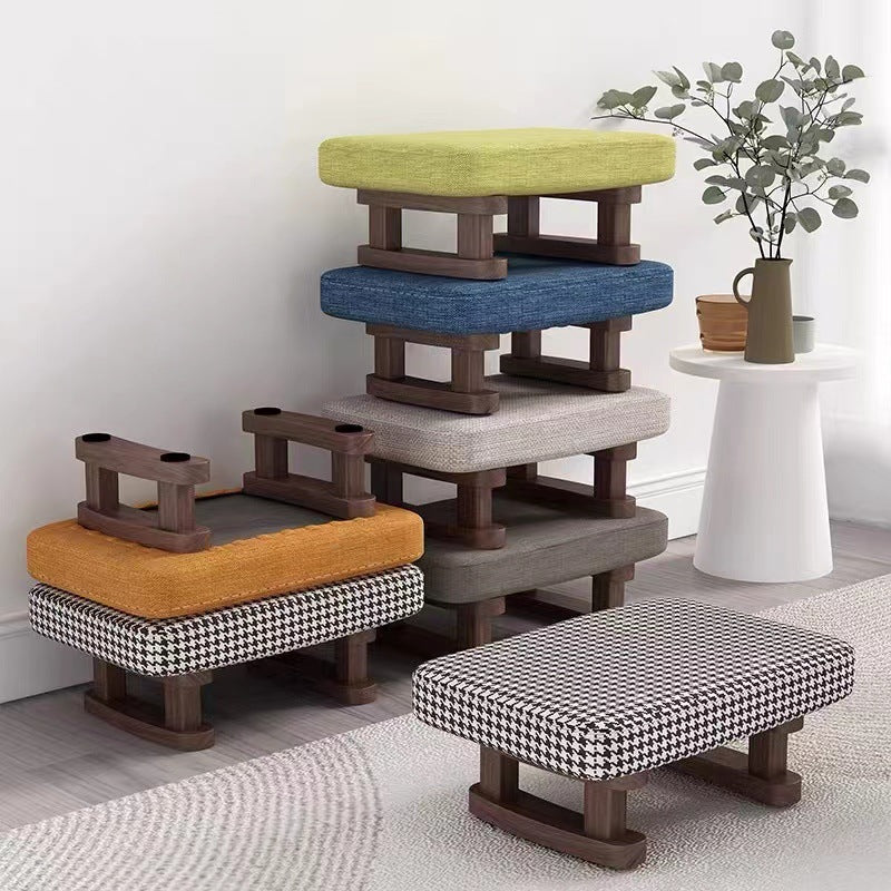 Taburete bajo rectangular escandinavo contemporáneo de madera contrachapada, algodón, lino y esponja para recibidor