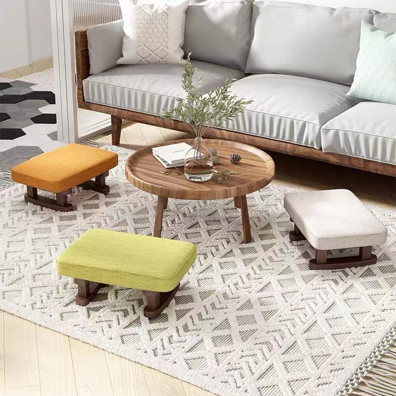 Taburete bajo rectangular escandinavo contemporáneo de madera contrachapada, algodón, lino y esponja para recibidor