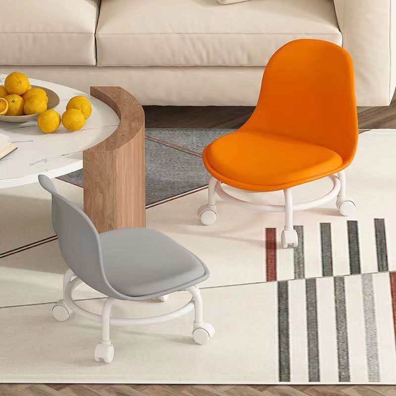 Modern Simplicity Faux Leather Round Stool with Backrest — Movable Low Stool in Wood and Metal with Checkered Sponge Cushion for Living Room