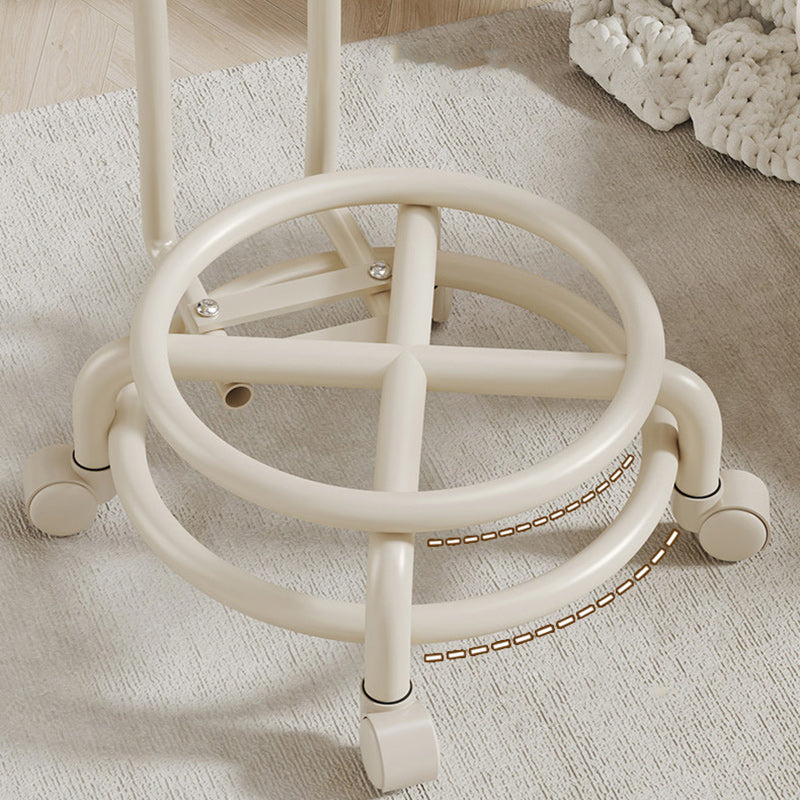 Modern Simplicity Faux Leather Round Stool with Backrest — Movable Low Stool in Wood and Metal with Checkered Sponge Cushion for Living Room