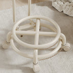 Modern Simplicity Faux Leather Round Stool with Backrest — Movable Low Stool in Wood and Metal with Checkered Sponge Cushion for Living Room