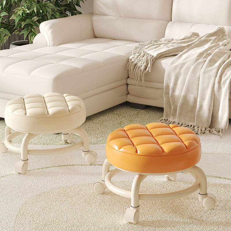 Modern Simplicity Faux Leather Round Stool with Backrest — Movable Low Stool in Wood and Metal with Checkered Sponge Cushion for Living Room