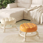 Modern Simplicity Faux Leather Round Stool with Backrest — Movable Low Stool in Wood and Metal with Checkered Sponge Cushion for Living Room