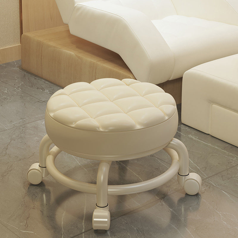 Modern Simplicity Faux Leather Round Stool with Backrest — Movable Low Stool in Wood and Metal with Checkered Sponge Cushion for Living Room