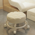 Modern Simplicity Faux Leather Round Stool with Backrest — Movable Low Stool in Wood and Metal with Checkered Sponge Cushion for Living Room
