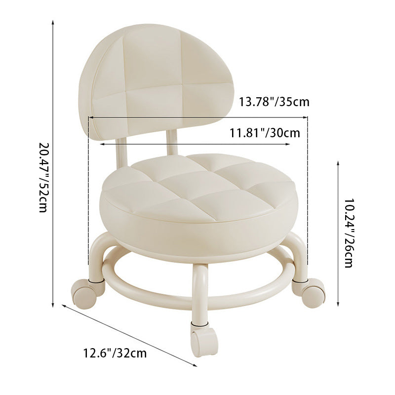 Modern Simplicity Faux Leather Round Stool with Backrest — Movable Low Stool in Wood and Metal with Checkered Sponge Cushion for Living Room