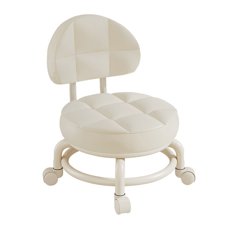 Modern Simplicity Faux Leather Round Stool with Backrest — Movable Low Stool in Wood and Metal with Checkered Sponge Cushion for Living Room