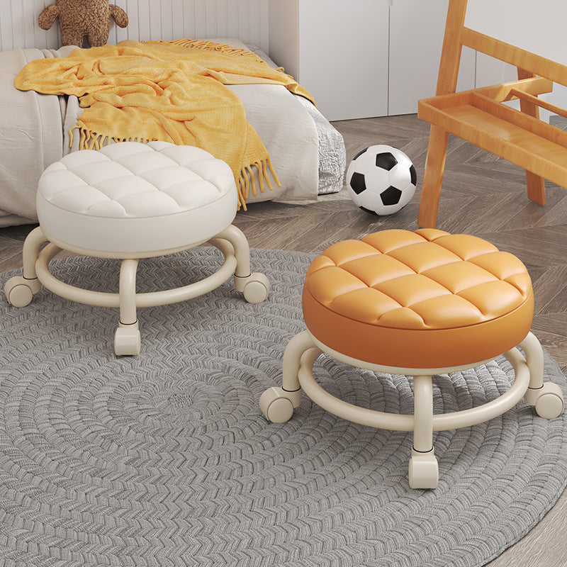 Modern Simplicity Faux Leather Round Stool with Backrest — Movable Low Stool in Wood and Metal with Checkered Sponge Cushion for Living Room