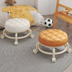 Modern Simplicity Faux Leather Round Stool with Backrest — Movable Low Stool in Wood and Metal with Checkered Sponge Cushion for Living Room