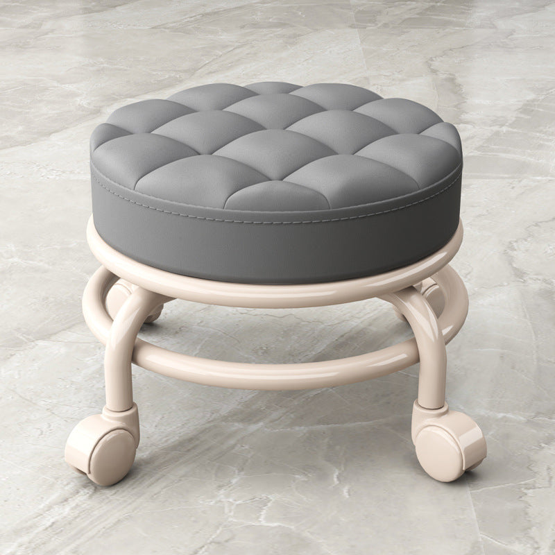 Modern Simplicity Faux Leather Round Stool with Backrest — Movable Low Stool in Wood and Metal with Checkered Sponge Cushion for Living Room