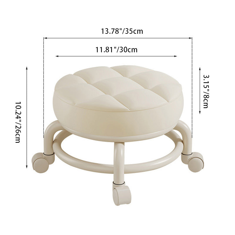 Modern Simplicity Faux Leather Round Stool with Backrest — Movable Low Stool in Wood and Metal with Checkered Sponge Cushion for Living Room